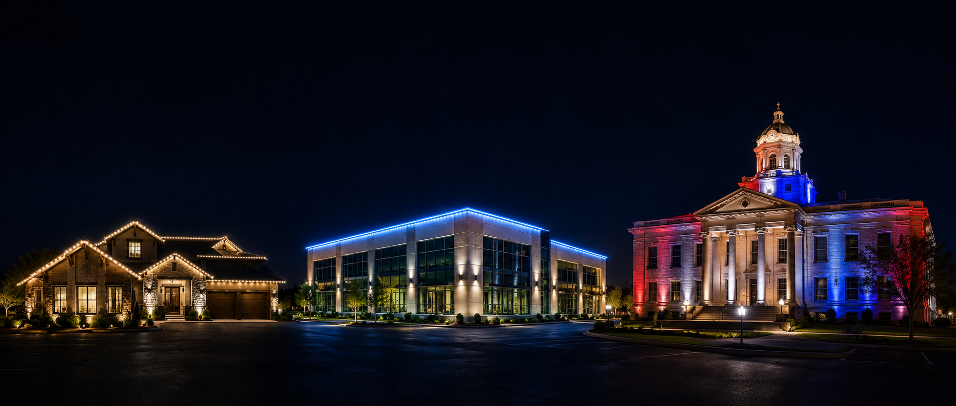 Upscale residence with warm white roofline and landscape lighting